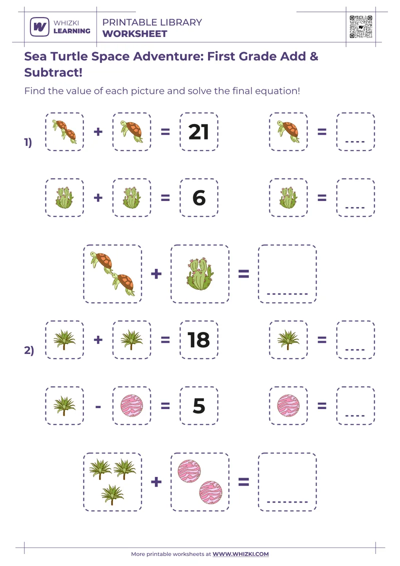 Sea Turtle Space Adventure: First Grade Add & Subtract!