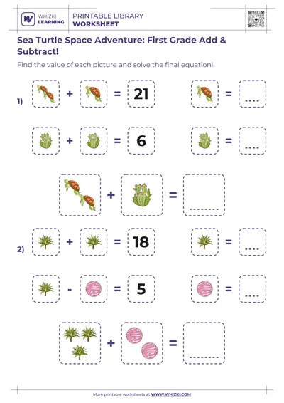 Sea Turtle Space Adventure: First Grade Add & Subtract!