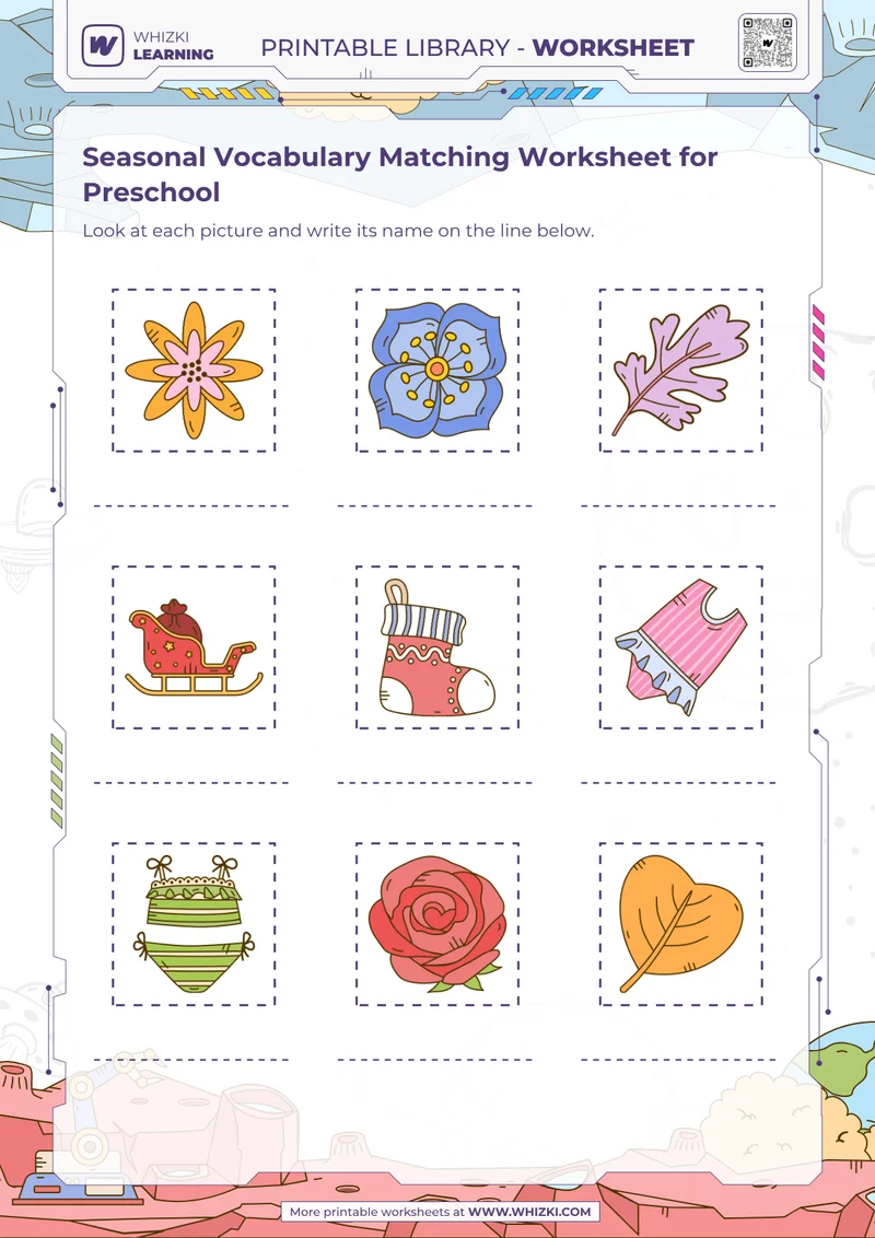 Seasonal Vocabulary Matching Worksheet for Preschool