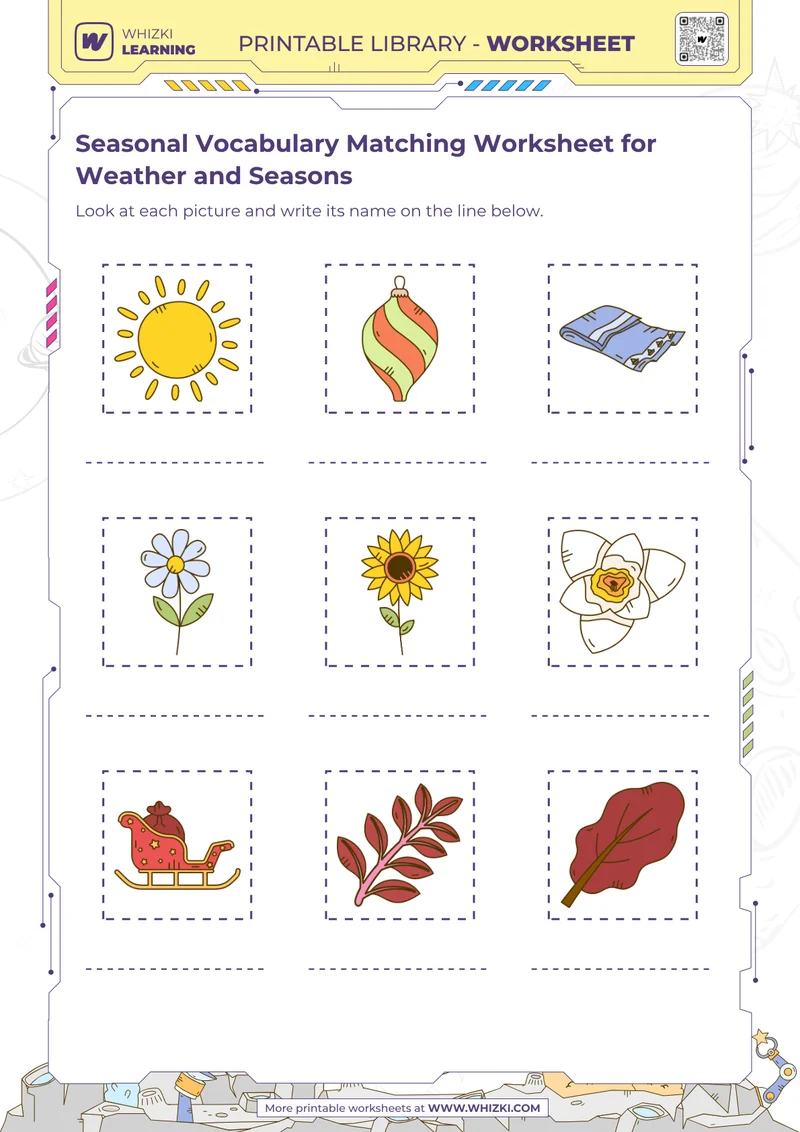 Seasonal Vocabulary Matching Worksheet for Weather and Seasons