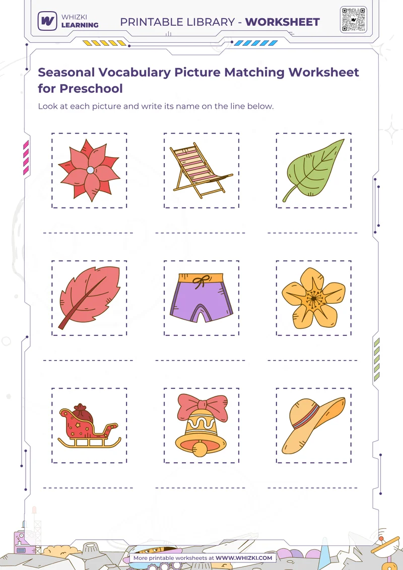 Seasonal Vocabulary Picture Matching Worksheet for Preschool