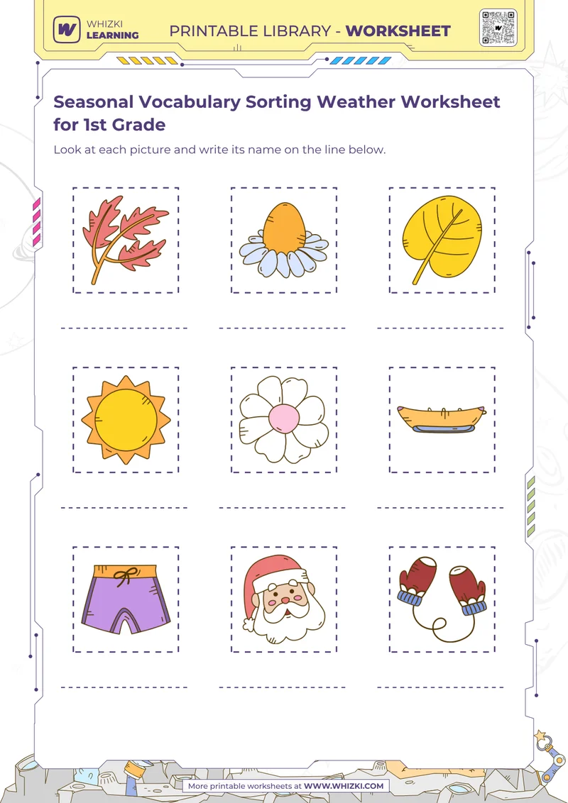 Seasonal Vocabulary Sorting Weather Worksheet for 1st Grade