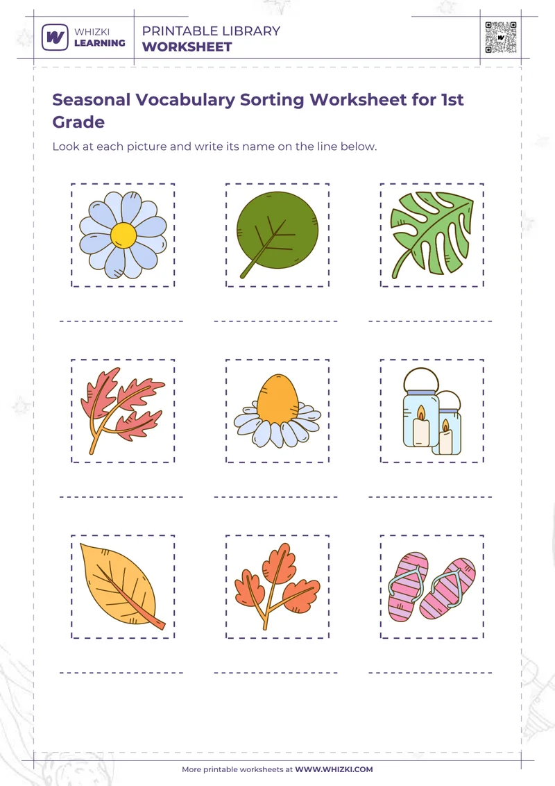 Seasonal Vocabulary Sorting Worksheet for 1st Grade
