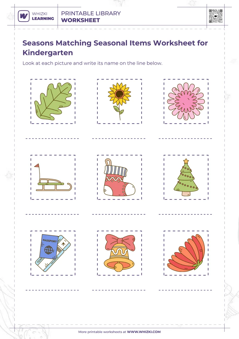 Seasons Matching Seasonal Items Worksheet for Kindergarten
