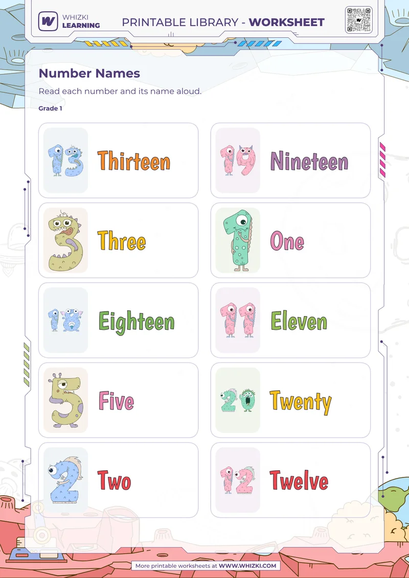 Selected Numbers to Twenty Card Reading Worksheet