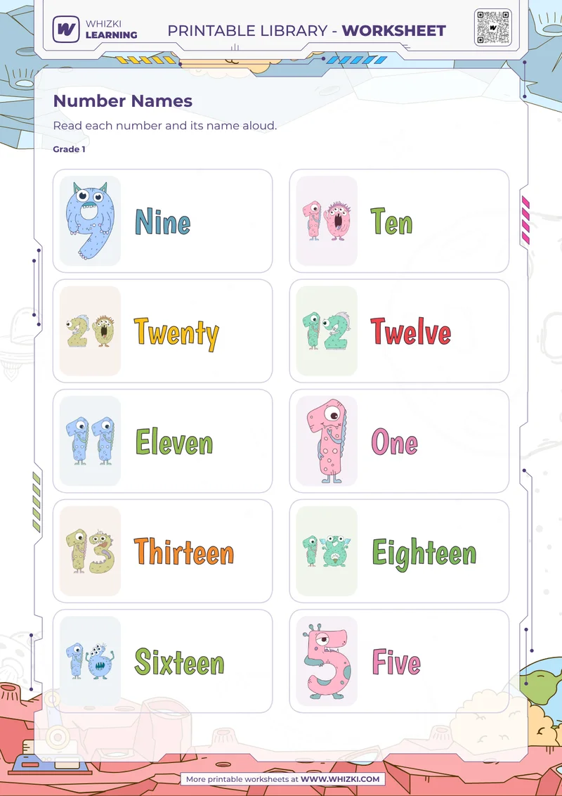 Selected Numbers to Twenty Number Cards Worksheet