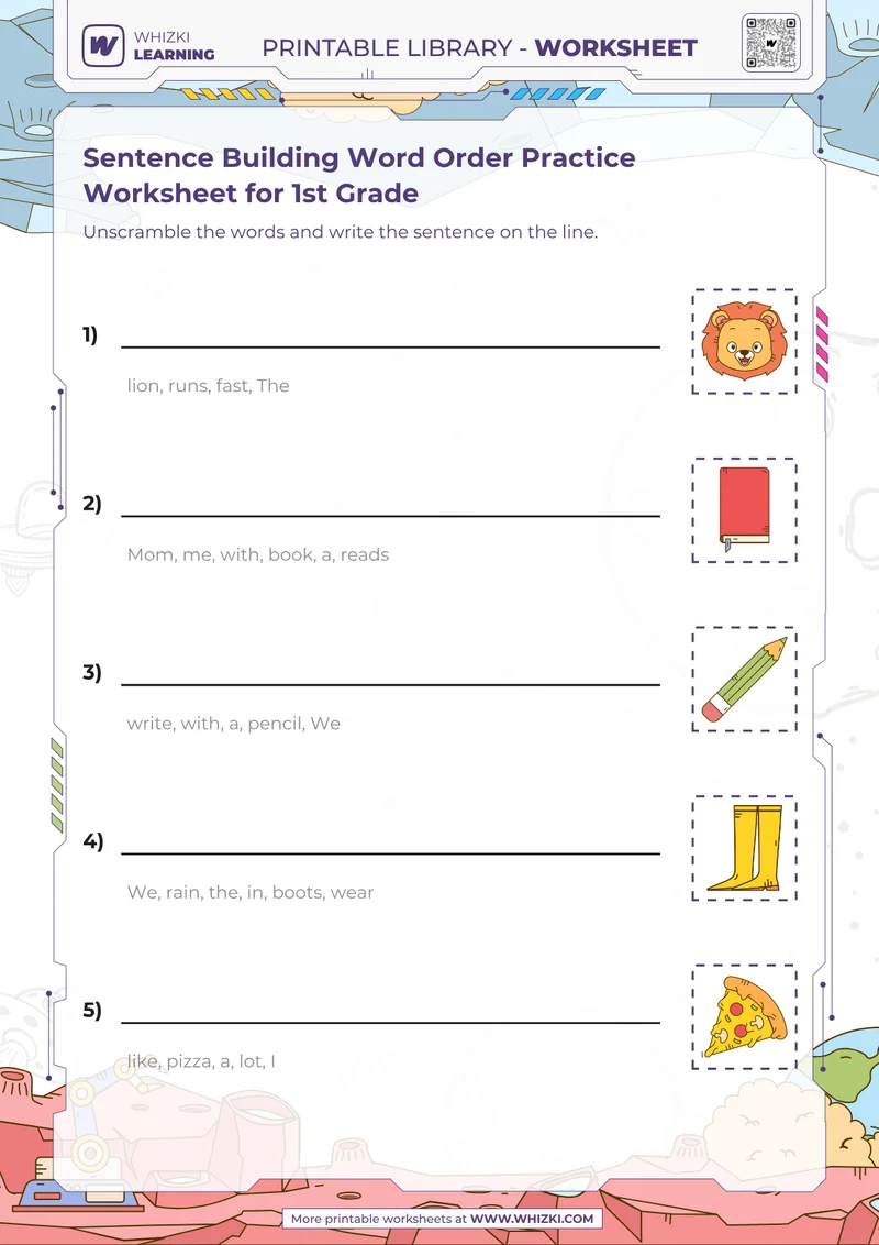 Sentence Building Word Order Practice Worksheet for 1st Grade