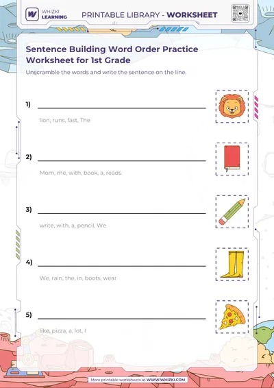 Sentence Building Word Order Practice Worksheet for 1st Grade
