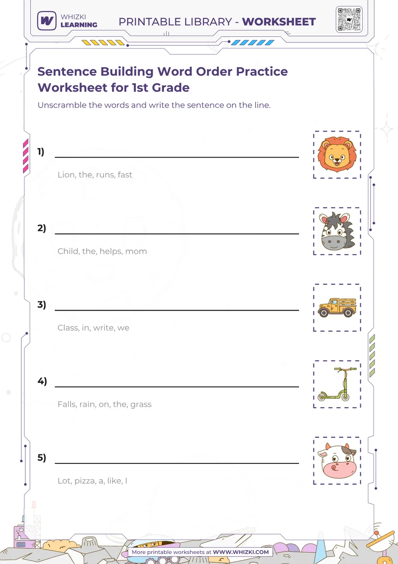 Sentence Building Word Order Practice Worksheet for 1st Grade