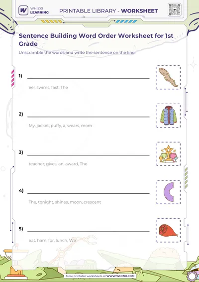Sentence Building Word Order Worksheet for 1st Grade