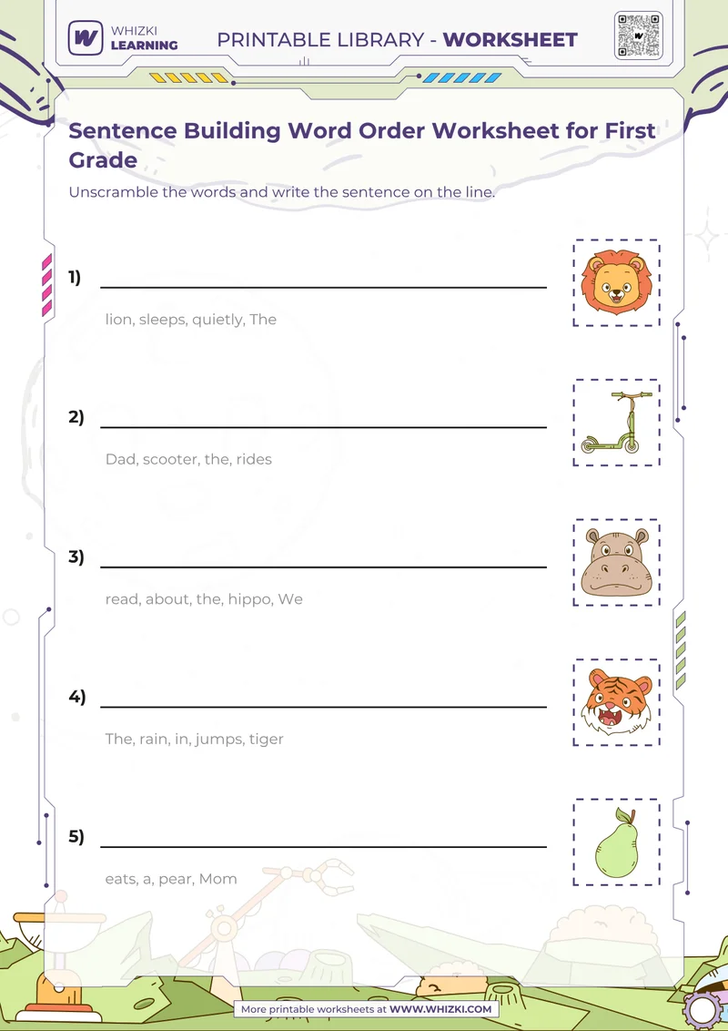 Sentence Building Word Order Worksheet for First Grade