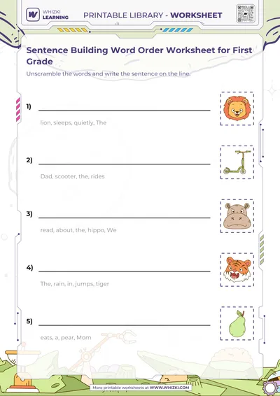 Sentence Building Word Order Worksheet for First Grade