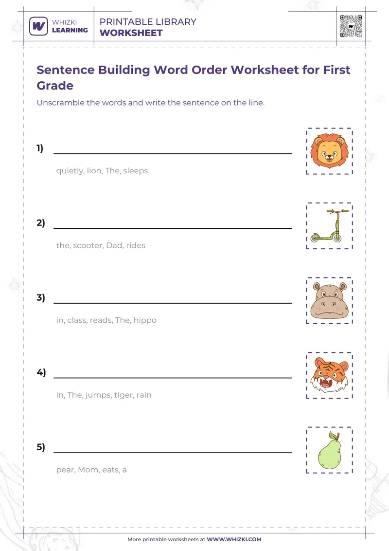 Sentence Building Word Order Worksheet for First Grade