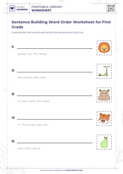 Sentence Building Word Order Worksheet for First Grade