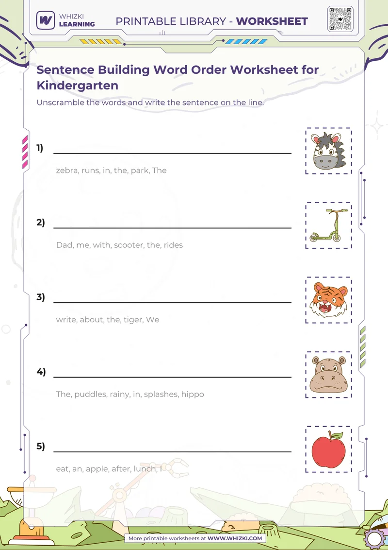 Sentence Building Word Order Worksheet for Kindergarten
