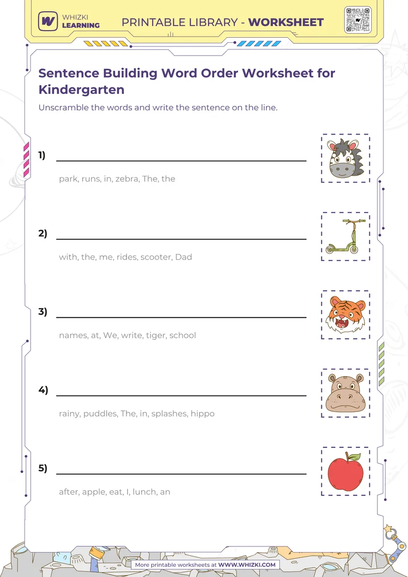 Sentence Building Word Order Worksheet for Kindergarten