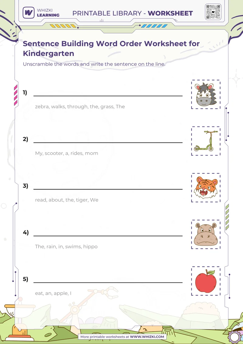 Sentence Building Word Order Worksheet for Kindergarten