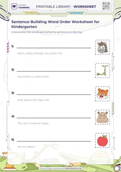 Sentence Building Word Order Worksheet for Kindergarten