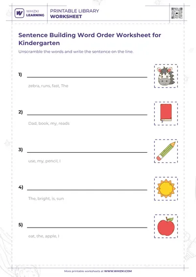 Sentence Building Word Order Worksheet for Kindergarten