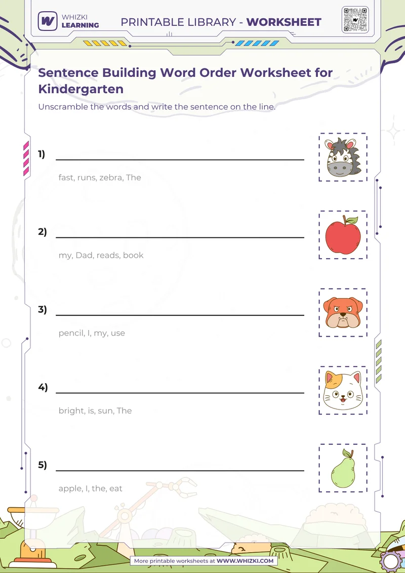 Sentence Building Word Order Worksheet for Kindergarten