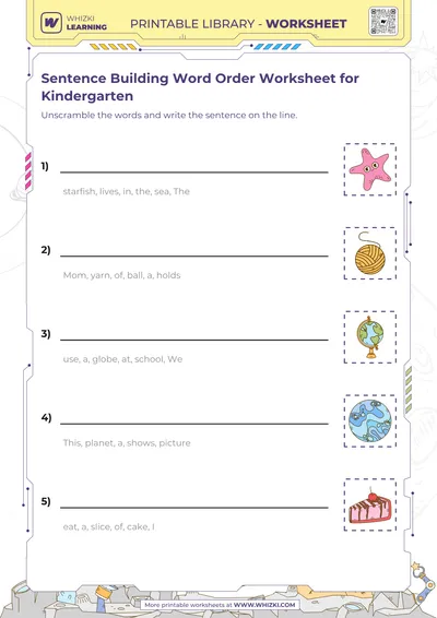 Sentence Building Word Order Worksheet for Kindergarten