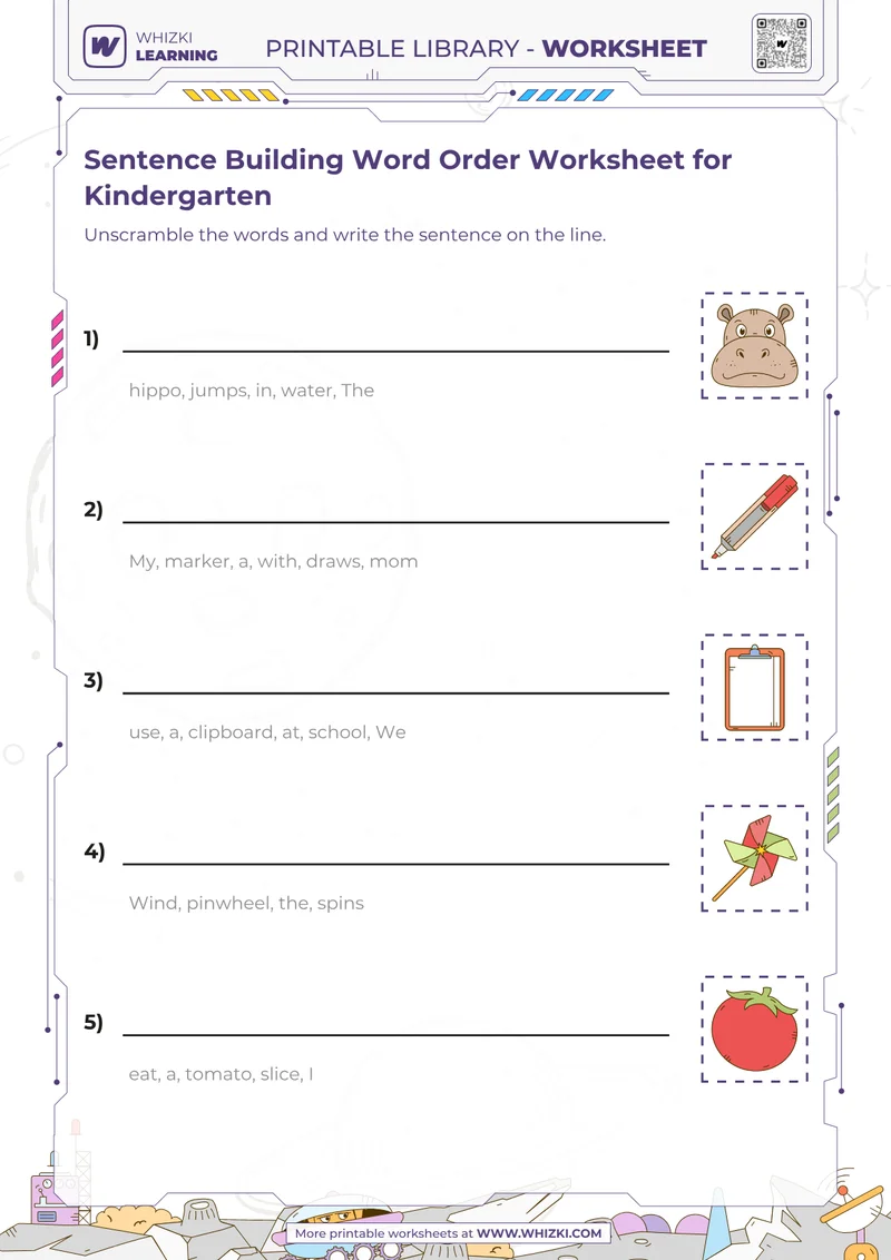 Sentence Building Word Order Worksheet for Kindergarten