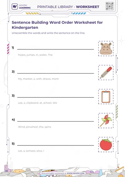 Sentence Building Word Order Worksheet for Kindergarten