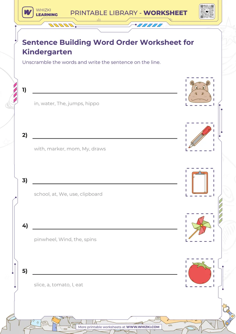 Sentence Building Word Order Worksheet for Kindergarten