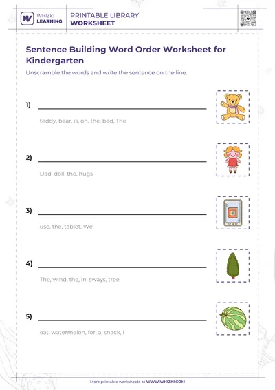 Sentence Building Word Order Worksheet for Kindergarten