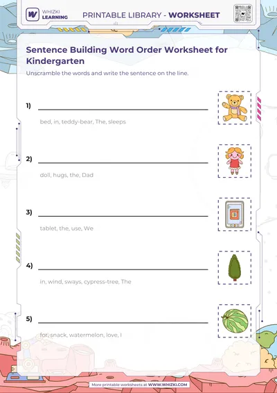 Sentence Building Word Order Worksheet for Kindergarten