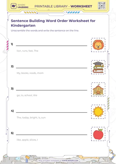 Sentence Building Word Order Worksheet for Kindergarten