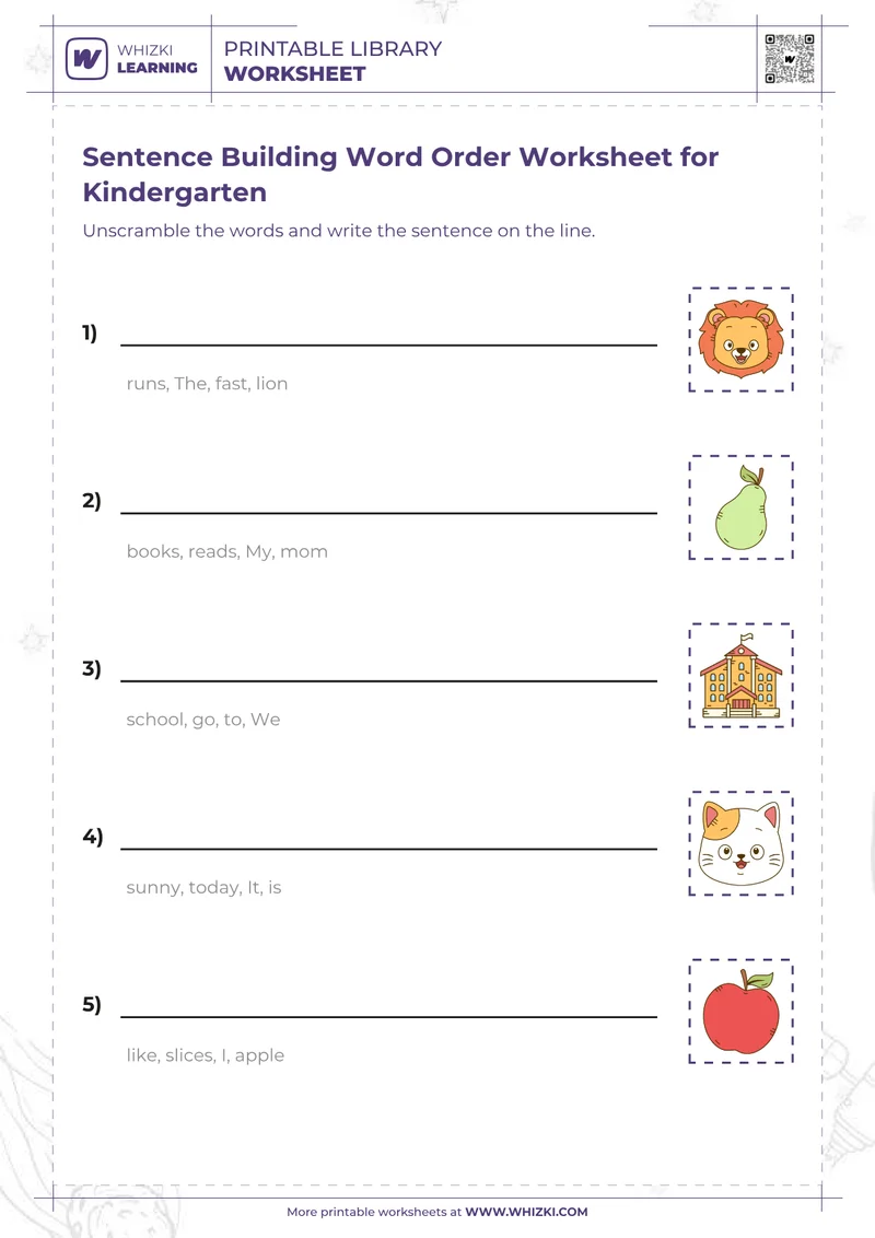 Sentence Building Word Order Worksheet for Kindergarten