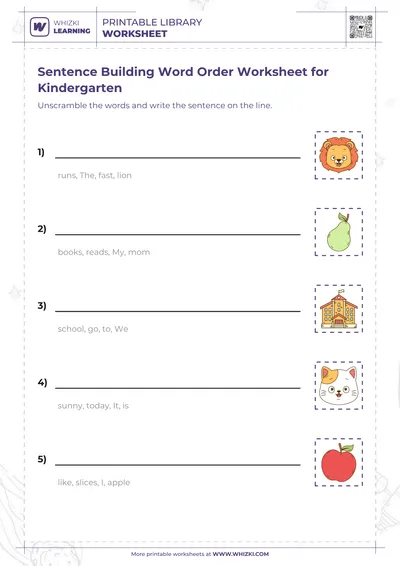 Sentence Building Word Order Worksheet for Kindergarten