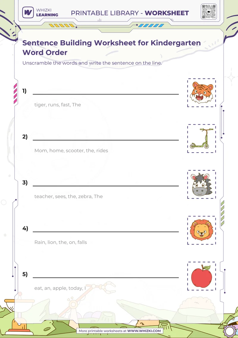 Sentence Building Worksheet for Kindergarten Word Order