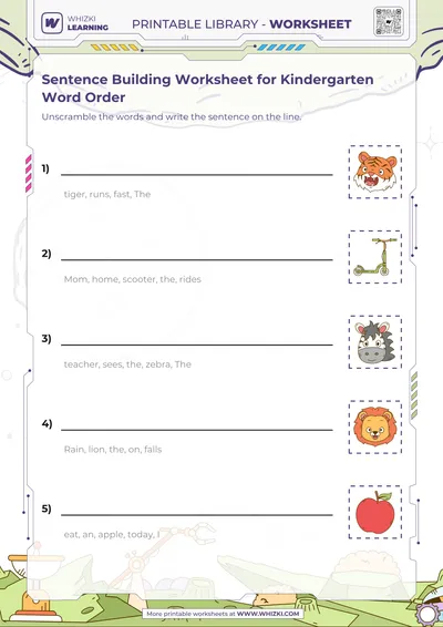 Sentence Building Worksheet for Kindergarten Word Order