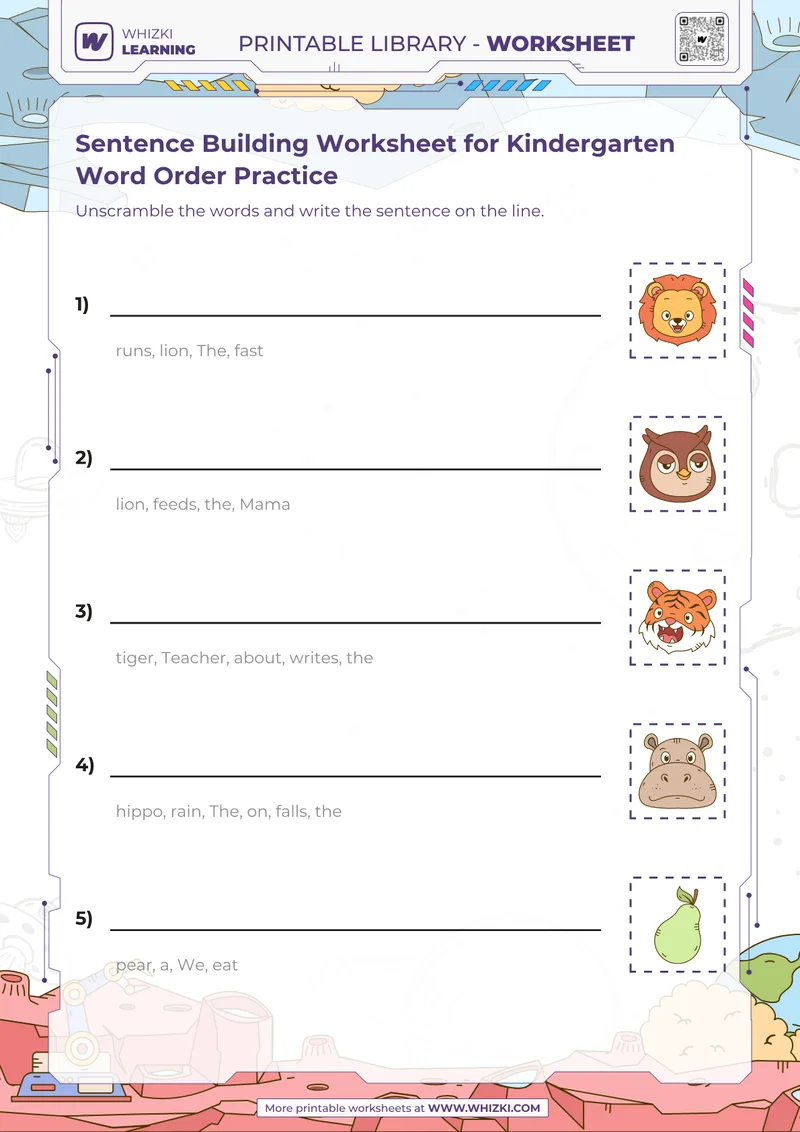 Sentence Building Worksheet for Kindergarten Word Order Practice