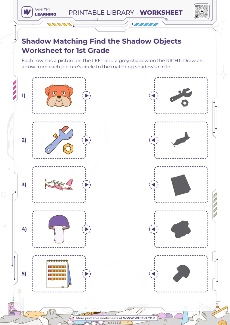Shadow Matching Find the Shadow Objects Worksheet for 1st Grade