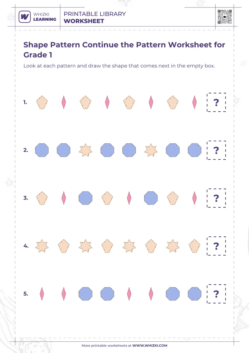 Shape Pattern Continue the Pattern Worksheet for Grade 1