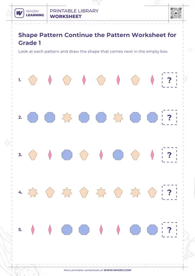 Shape Pattern Continue the Pattern Worksheet for Grade 1