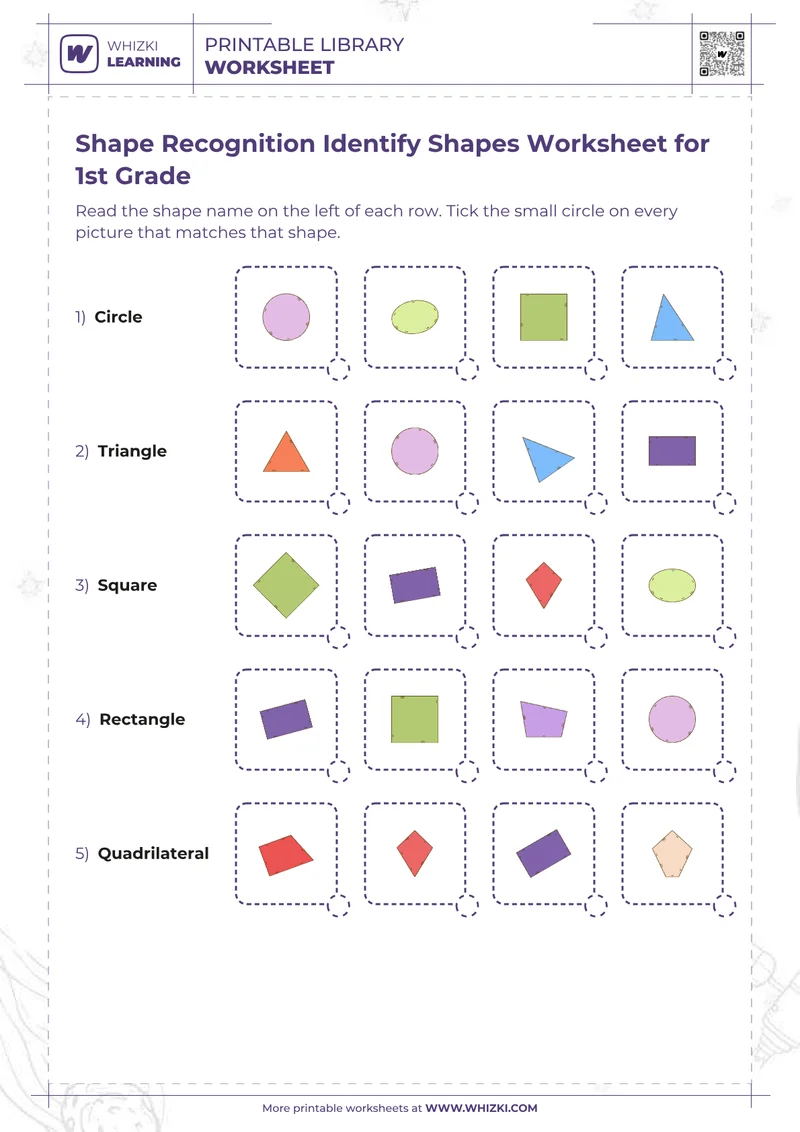 Shape Recognition Identify Shapes Worksheet for 1st Grade