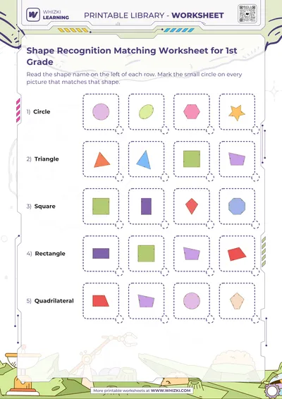 Shape Recognition Matching Worksheet for 1st Grade