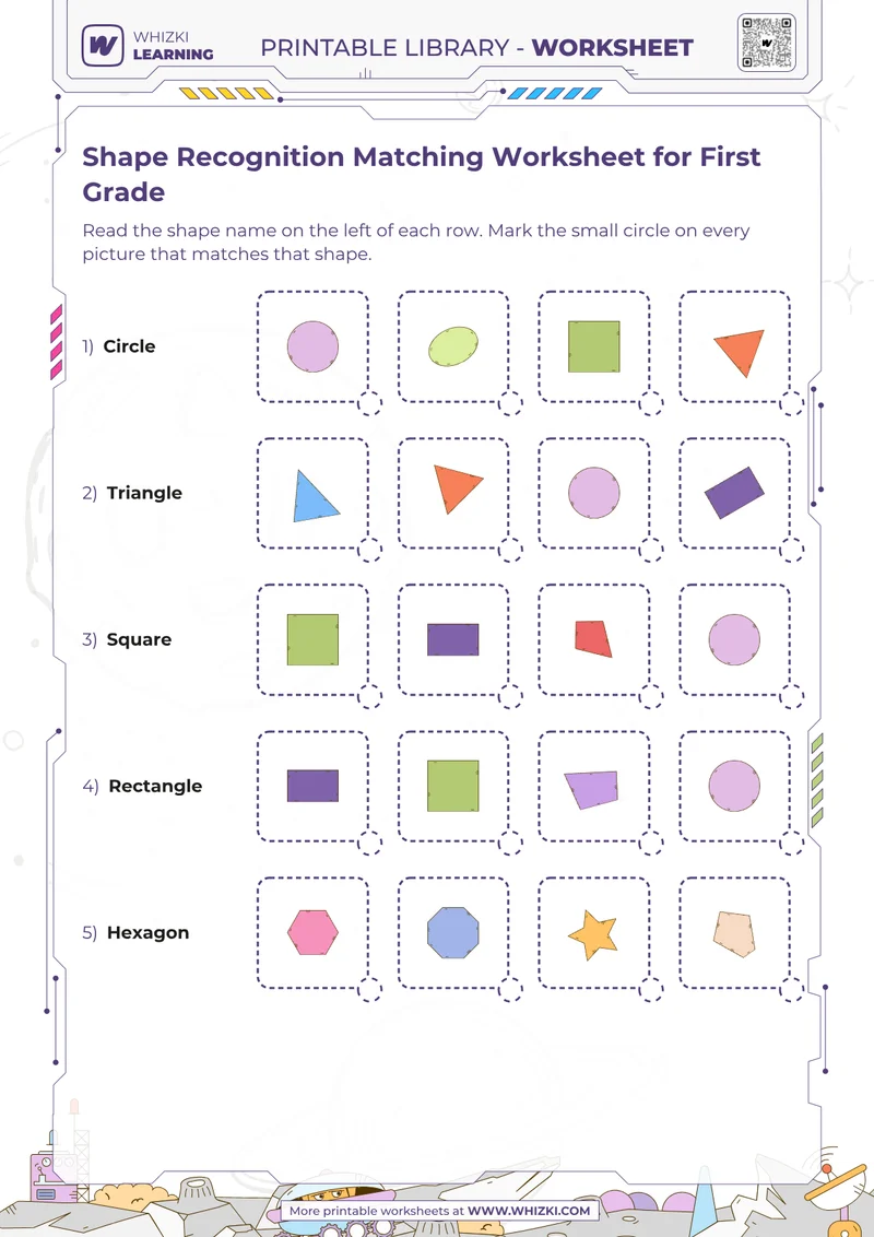 Shape Recognition Matching Worksheet for First Grade