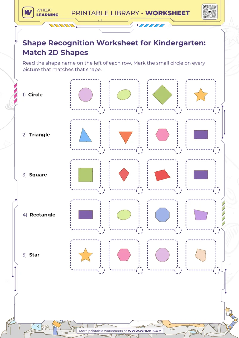 Shape Recognition Worksheet for Kindergarten: Match 2D Shapes