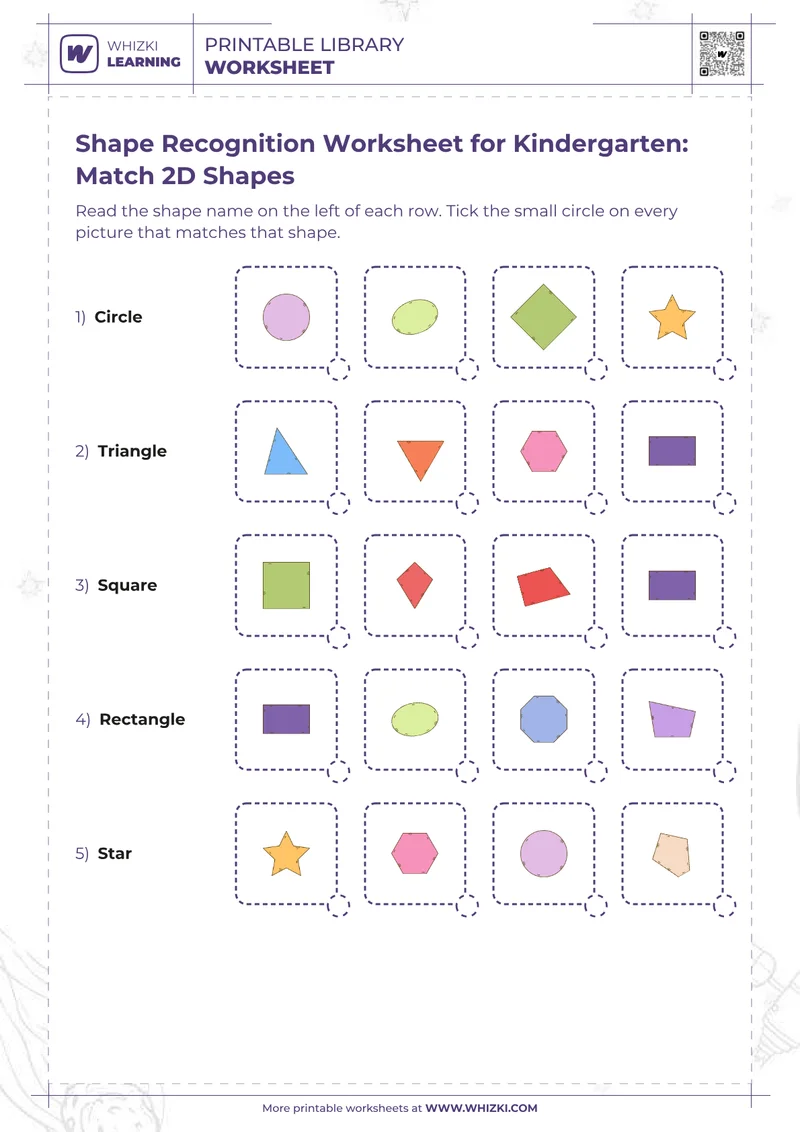 Shape Recognition Worksheet for Kindergarten: Match 2D Shapes
