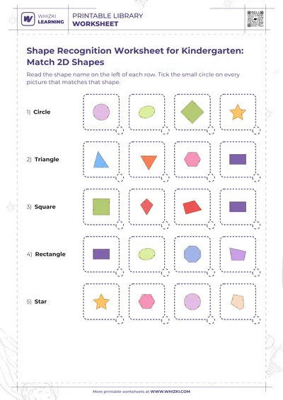 Shape Recognition Worksheet for Kindergarten: Match 2D Shapes