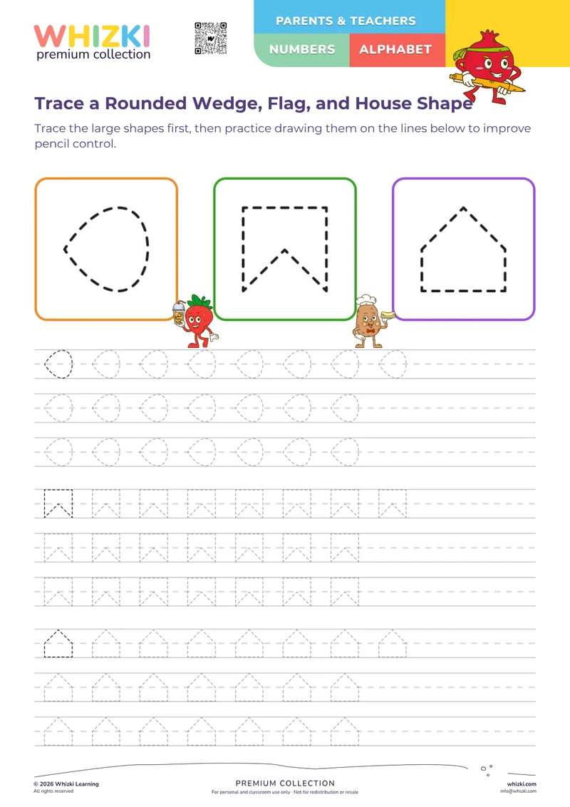 Trace a Rounded Wedge, Flag, and House Shape