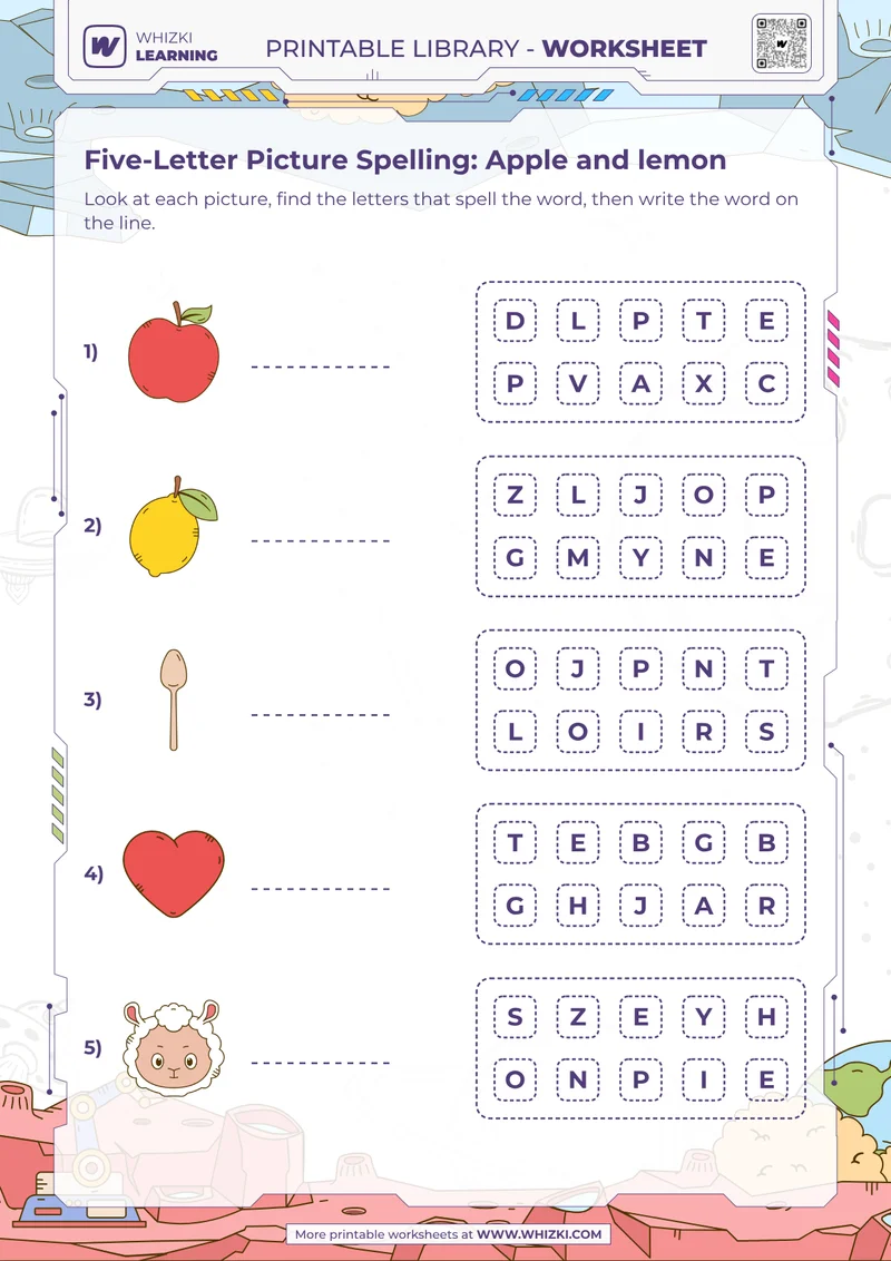 Five-Letter Picture Spelling: Apple and lemon