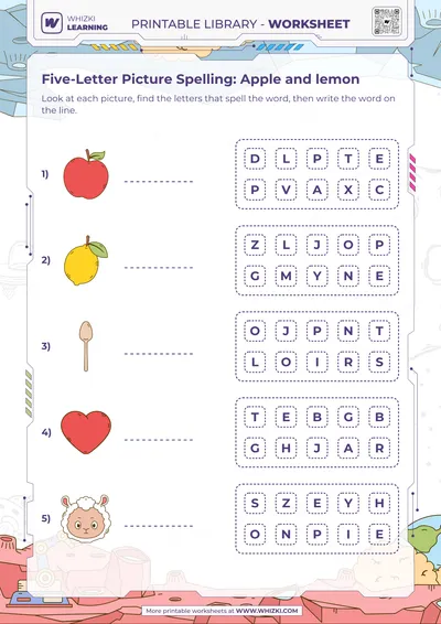 Five-Letter Picture Spelling: Apple and lemon