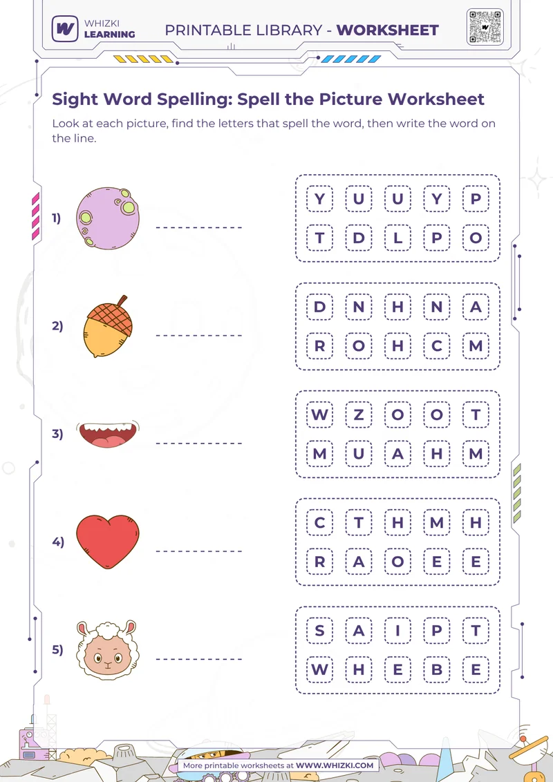 Sight Word Spelling: Spell the Picture Worksheet
