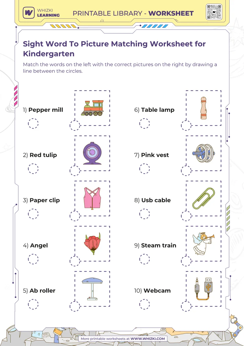 Sight Word To Picture Matching Worksheet for Kindergarten